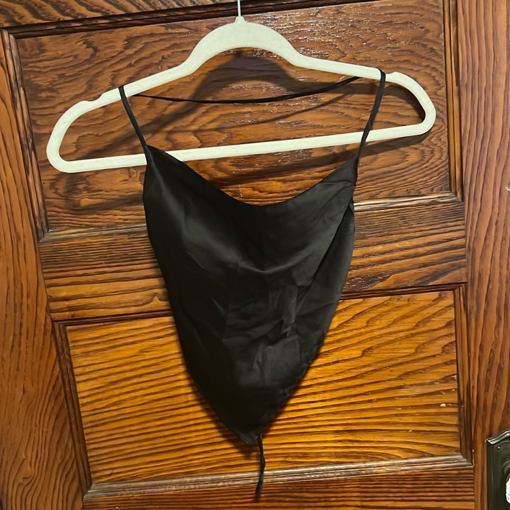 SHEIN Small Black Satin handkerchief halter crop top